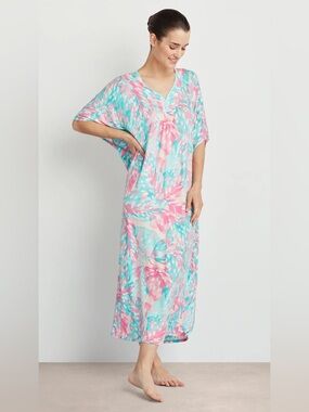 Ellen Tracy Caftan Dress L/XL Pink Blue Tropical Print Maxi Lounge Kaftan